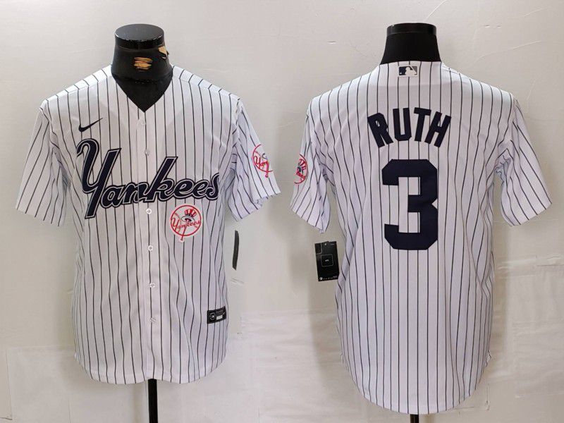 Men New York Yankees #3 Ruth White stripe Three generations of joint names Nike 2024 MLB Jersey style 3->new york yankees->MLB Jersey